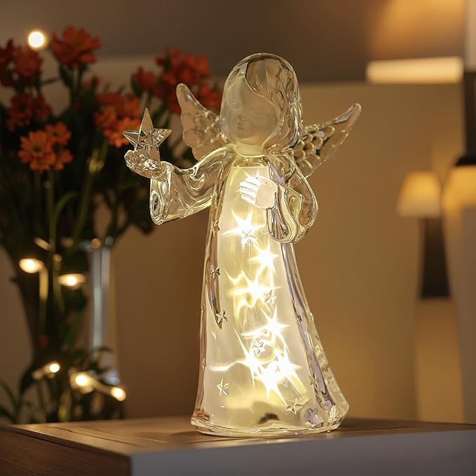 Acrylic Clear Guardian Angel Figurines with LED Light, Crystal Glass Finish Angel Statue, Large Christmas Angels Gifts for Women, Healing Angels Figurines Decorations(Star)