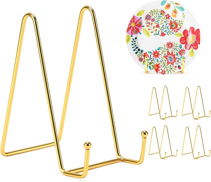 Kruodop 6 Inch Plate Stands for Display, 5 Pack Plate Holder Display Stand, Gold Metal Frame Easel Holder Stand for Pictures,Book, Photo, Decorative Plate