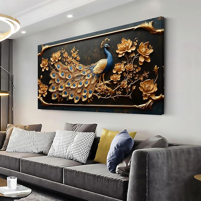 ZESTRILIA Pretty Peacock Wall Art for Living Room Office Gold Country Rustic Retro Asian Canvas Painting Prints Golden Vintage Elegant Peackock Artwork Dining Bedroom Decor (30x16 Inches)