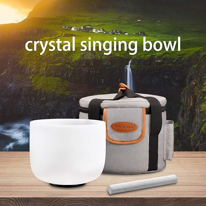 RYAN DVAN 8” A Note Frosted Third Eye Chakra Crystal Singing Bowl with Sound Bowl Case and Suede Striker for Promotes Peace Chakra Healing and Mindfulness