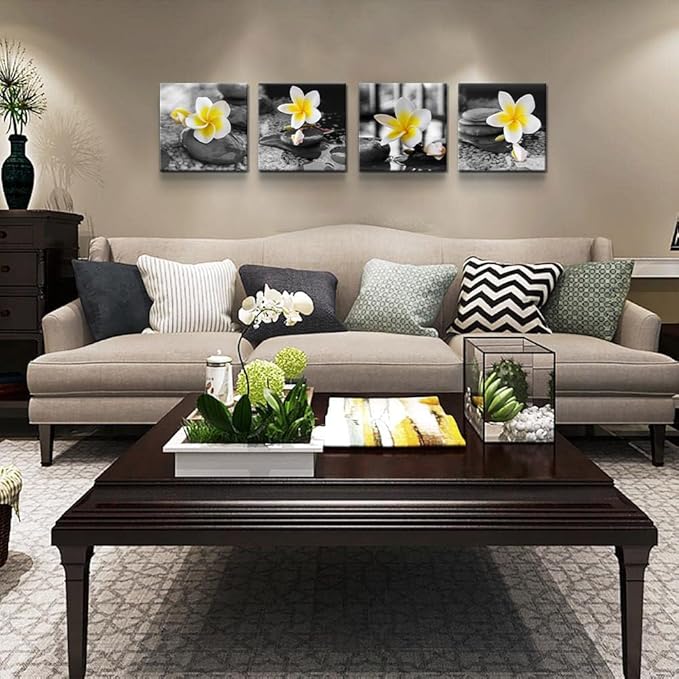 Yxbhhym-Black and White Wall Art Yellow Gray Bathroom Decorations Stone Zen Canvas Prints Spa Paintings Frangipani Flowers Pictures Meditation Artwork for Bedroom Kitchen Living Room Decor Framed