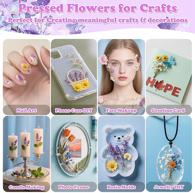 300 Pcs Pressed Dried Flowers with Butterfly Stickers for Crafts, Real Pressed Wildflowers Dry Leaves Bulk with Tweezer for Resin Jewelry Molds, Candle Soap Making, Scrapbook, Bookmark, Nails Decor