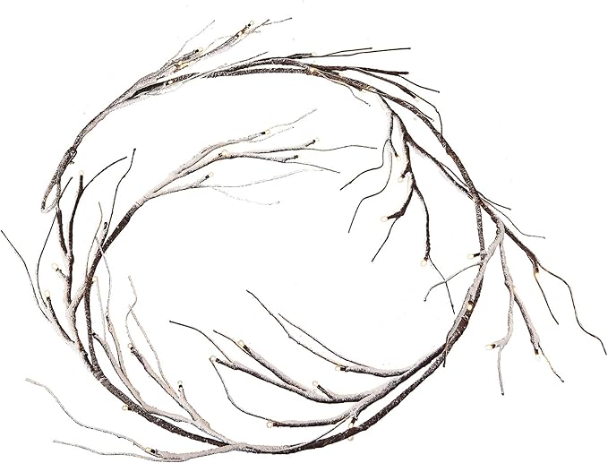 Hairui Lighted Garland Snow Flocked with Timer 6FT 48 LED Battery Operated Pre-lit Twig Vine Firepalce Mantle Table Winter Christmas Decoration Indoor Outdoor