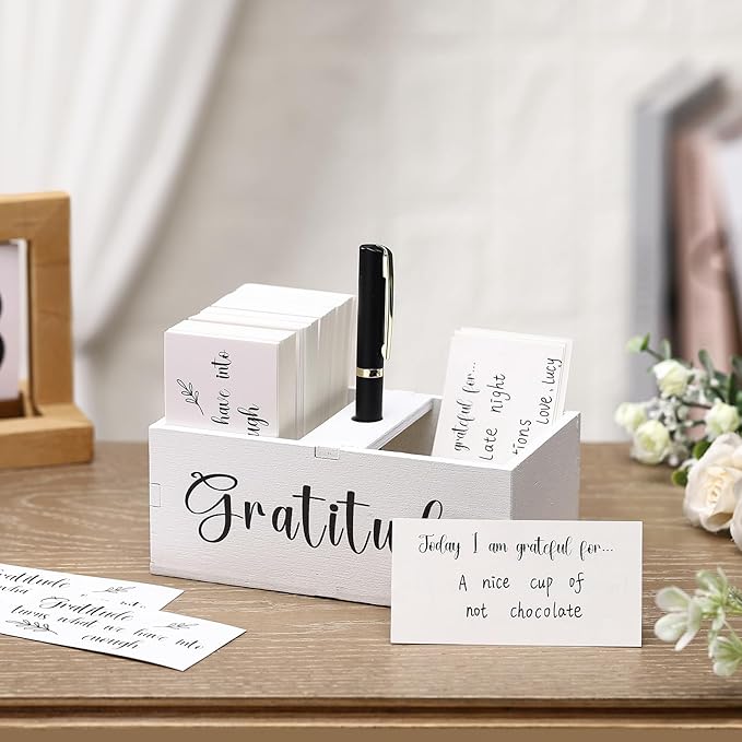 Clabby Gratitude Jar Thanksgiving Gifts Include 200 Cards 1 Pen 1 Blessing Jar Wood Box Practice Thankful Appreciation Gratitude Note Cards Kit for Families Friends Employee Coworkers(White)