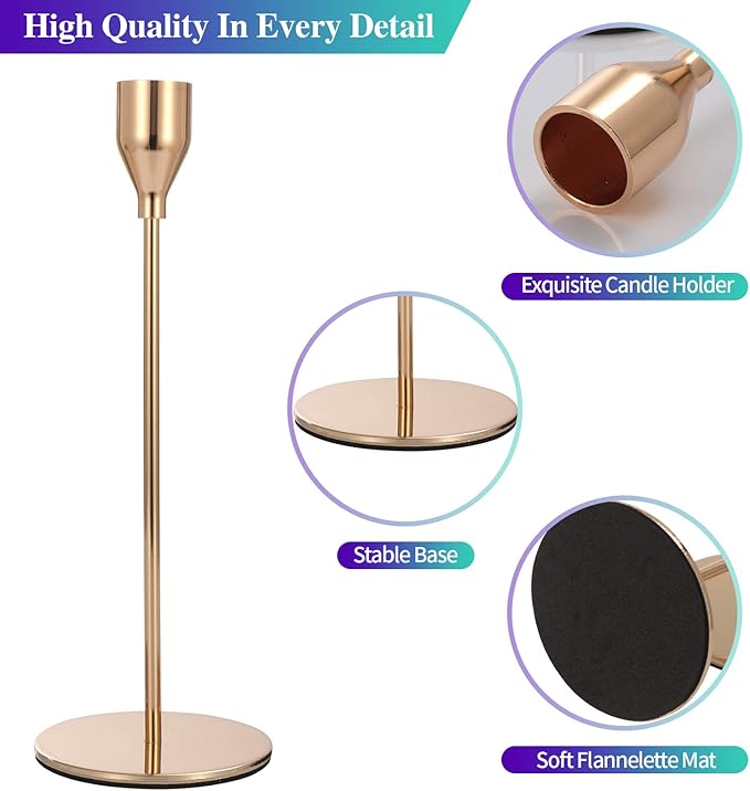 Set of 3 Pink Gold Candlestick Holders Pink Gold Candle Holder Taper Candle Holders Candle Holders Decorative Candlestick Holder for Home Decor, Wedding, Dinning, Party, Anniversary (Gold)