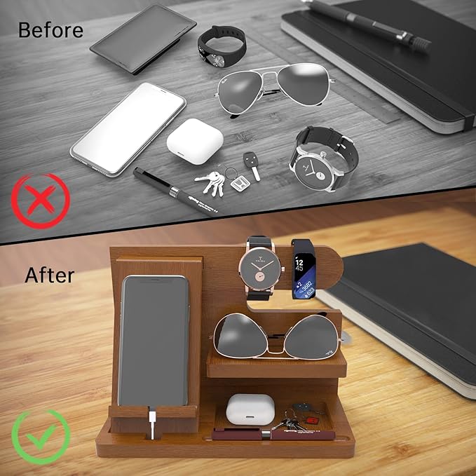 Mens Gifts Ideas Nightstand Organizer for Men Wood Phone Docking Station for Dad Father Boyfriend Husband Grandpa Birthday Gift for Mens Christmas Day Presents