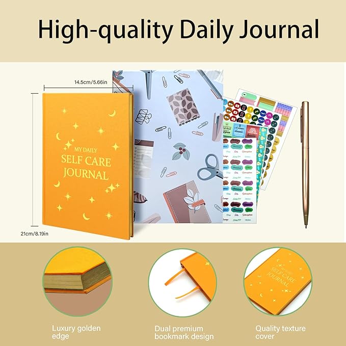 Gratitude Journal with 6 Inspirational Stickers and Pencil, Daily Reflection Journal for More Happiness, Mindfulness & Affirmation, Self Care Journals for Women & Men,Orange