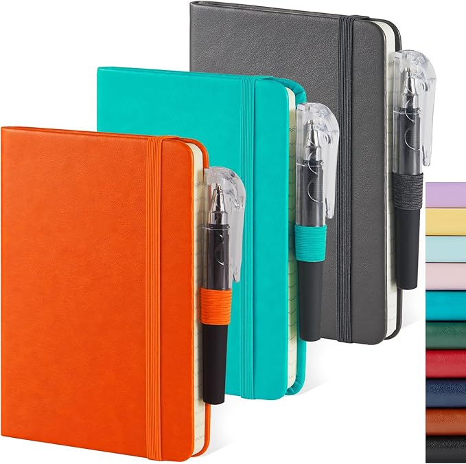 3 Pack Pocket Notebook Notepad with Pen, Mini Small Journal Notebook 3.7" x 5.7" for Women Writing, 408 Pages, Grey Orange Emerald