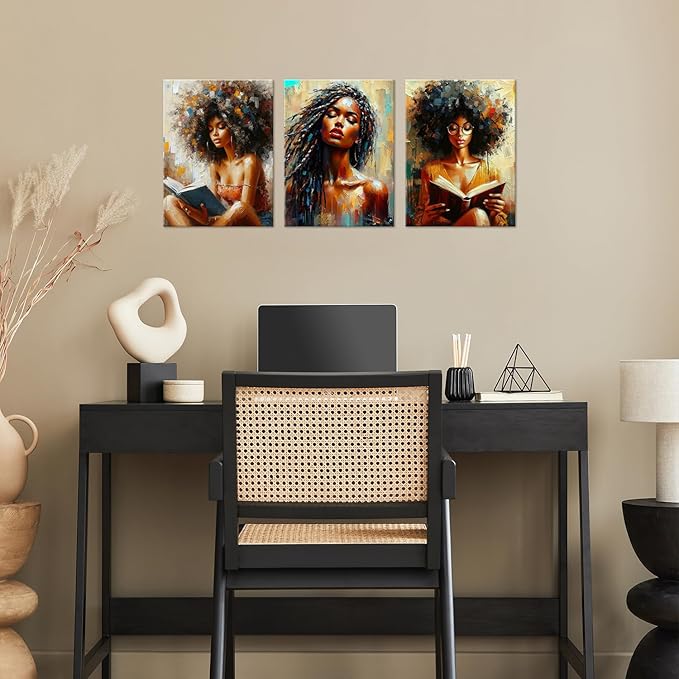 Framed Modern Abstract African American Women Wall Art Set of 3 Painting Canvas Prints,Boho Black Girl with Floral Accents, Inspirational and Trend Poster for Living Room,Bedroom, Office Decor,12X16in