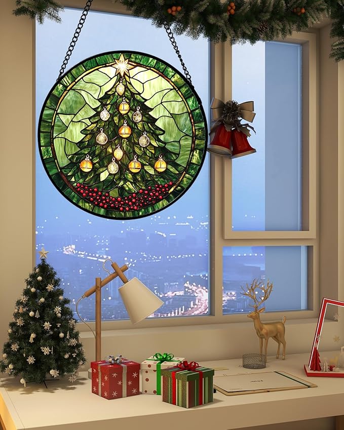 Stained Glass Window Hanging - Green Christmas Tree Golden Bells Suncatcher for Doors Home Christmas Decoration Sun Catcher Thanksgiving New Year Birthday Gift for Women Men Mom Nana 9.8 in