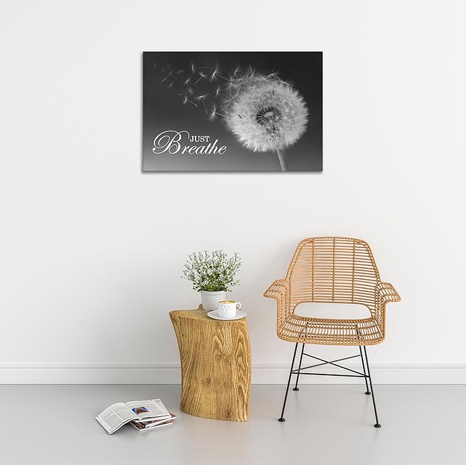 SKASNFAI Just Breathe Wall Art Zen Office Wall Decor Inspirational Yoga Quotes Positive Relax Artwork Picture Black and White Dandelion Posters Print for Meditation Room (16L x 24W)