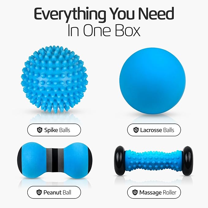 Logest Foot Massage Rollers and Balls for Trigger Point Therapy, Injury Rehabilitation & Deep Tissue Massage - 5-Piece Set – Massage Roller, Lacrosse Ball, Peanut Roller, Two Spike Balls