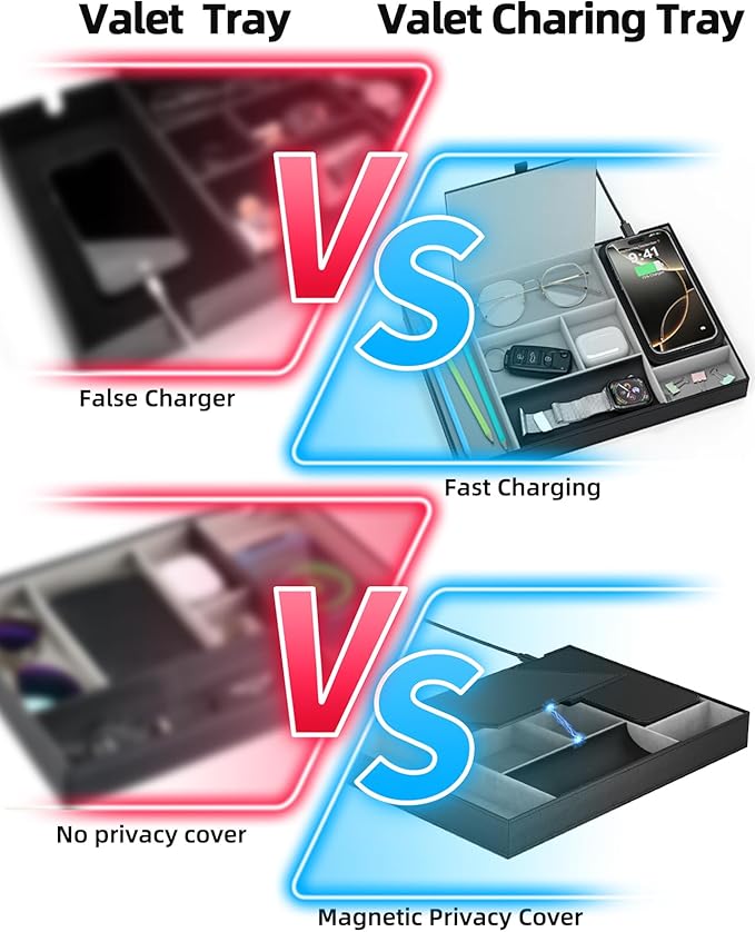 Valet Tray with Wireless Charger, Nightstand Organizer, Leather Desk Drawer Organizer Tray with 7 Compartments for Jewelries, Watch, Key, Wallet, Phone, Black