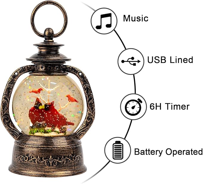 Musical Snow Globe Lantern Lighted 2 Cardinal Christmas Snow Water Lantern Swirling Glittering Home Decoration and Gift, Battery Operated or USB Powered