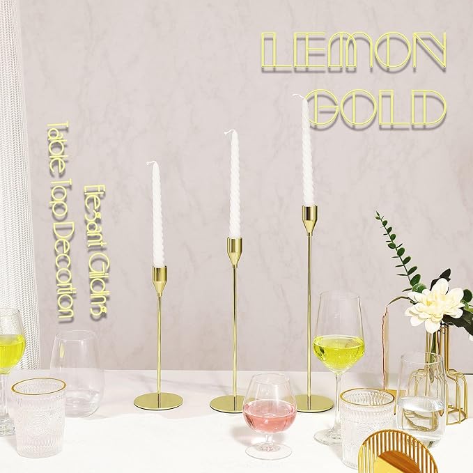 6Pcs Lemon Gold Candlestick Holders Set Fit 3/4" Tall Taper Candle Home Decorative Table Centerpieces for Family Dinning, Party Decoration