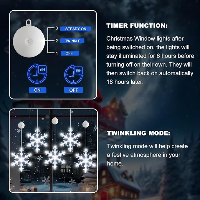 5Pack Christmas Window Lights Decorations with Timer,Battery Powered Christmas Hanging White Lighted Snowflake Shaped LED Sucker for Xmas Tree Fireplace Indoor Decor
