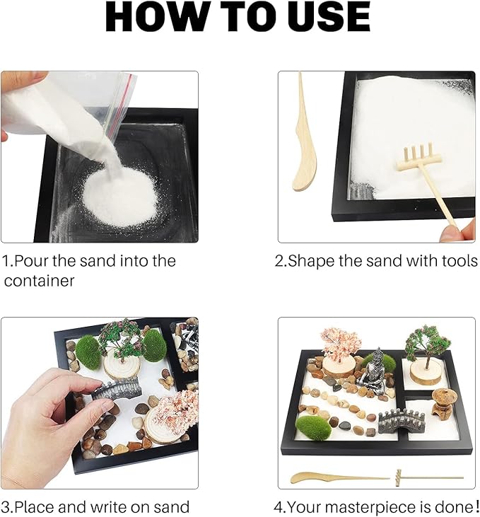 Japanese Zen Garden for Desk - Sakura Budah 9" x 7" Desktop Mini Zen Garden with White Sand Artificial Bonsai Tree Rocks Rakes & Accessories - Meditation Zen Gifts Sand Garden Kit for Office Zen Decor