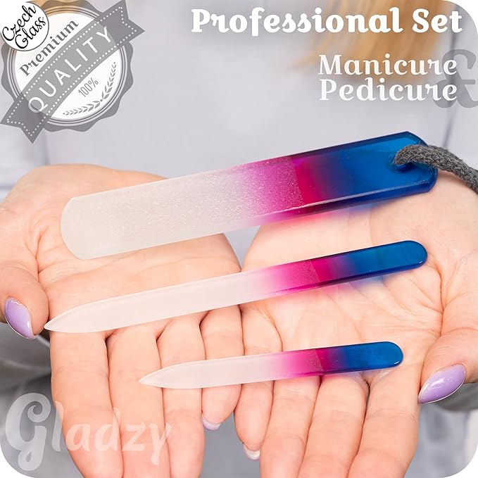 GLADZY Genuine Czech Glass Nail File Set - Callus Remover Foot Rasp, Double Sided Different Grit Surface, Professional Manicure and Pedicure Tools for Natural Nails, Nail Shaper, Ethically Made in EU