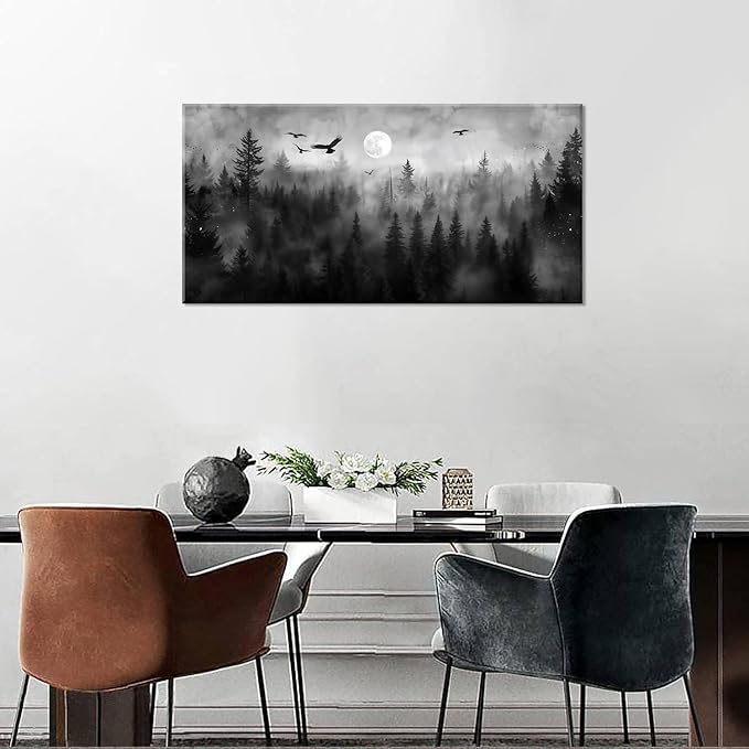ZESTRILIA Forest Wall Art Black & White Moon Night Retro Canvas Prints Modern Rustic Paintings Nordic Artwork Landscape Picture for Country Farmhouse Living Room Bedroom Home Office Décor (20x40inch)