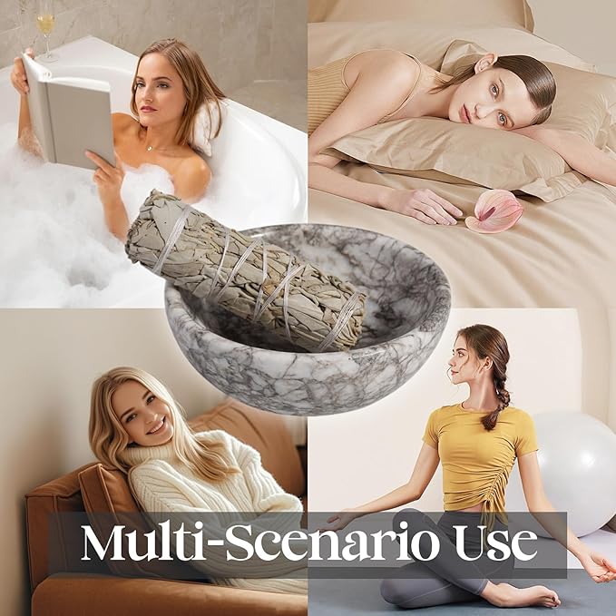 Koville Natural Marble Incense Holder, Incense Holder for Sticks with 9 Holes, Handmade Incense Burner Ash Catcher for Meditation Yoga SPA, Balsam Fir/Palo Santo/Sage/Cone (Gris Lido)