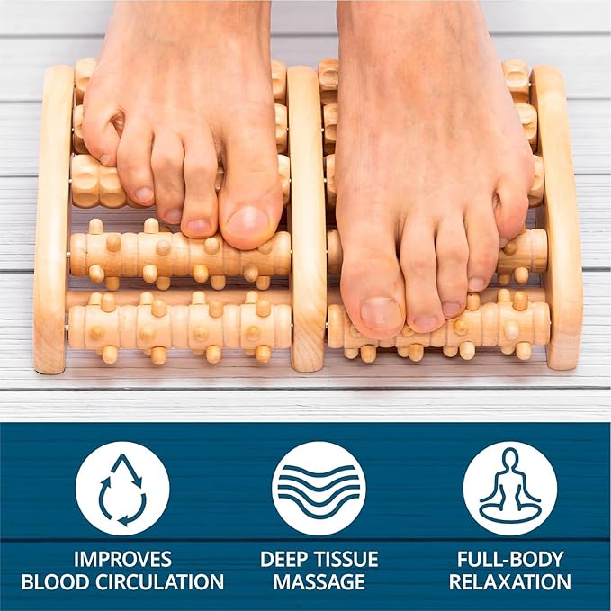 TheraFlow Foot Massager for Plantar Fasciitis Relief - Mom Gifts for Women & Gifts for Dad, Wooden Foot Roller Massager with Deep Tissue & Reflexology Nubs (Includes Reflexology Chart)