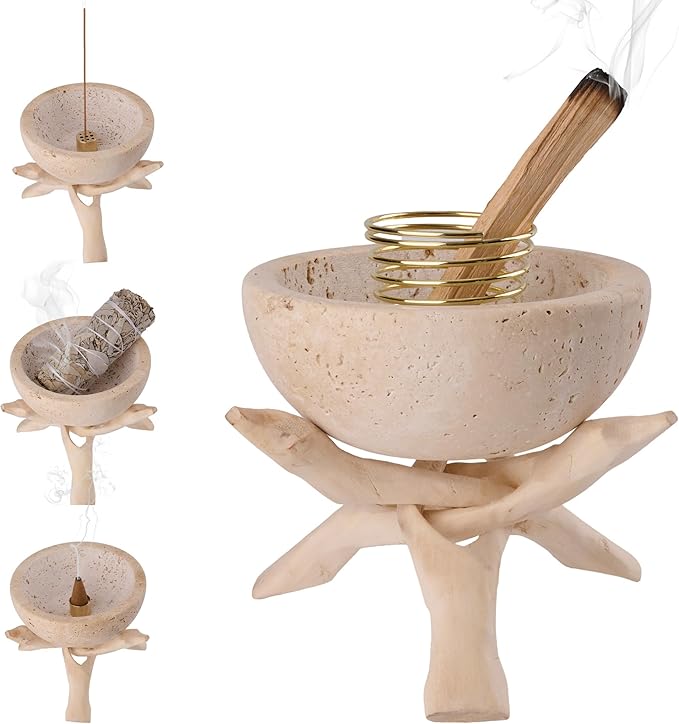 Natural Marble Incense Holder, Palo Santo and Sage Burner, Handmade Incense Burner for Smudging, Incense Burning, and Home Decoration (Cream)