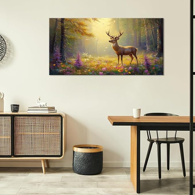 ZESTRILIA Pretty Deer Forest Wall Art for Living Room Office Gold Mustard Yellow Wildlife Wildflower Canvas Painting Prints Spring Wild Life Artwork Girls Bedroom Decor Large (46x23 Inches)