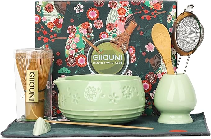 Matcha Whisk Set, Ceramic Bowl with Spout, Bamboo Matcha Whisk & Spoon, Chasen Holder, Scoop Rest, Sifter, 8-Pcs Japanese Matcha Powder Kit–Gift for Ceremony & Matcha Lovers-Mint
