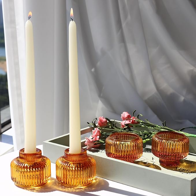 Woho Candlestick Holders Set of 8 for Taper/Votives/Tealight Candles, Amber Taper Candle Holders for Fall Wedding Decor, Ribbed Glass Candle Sticks Holder Decor for Dinner Table/Holiday Party
