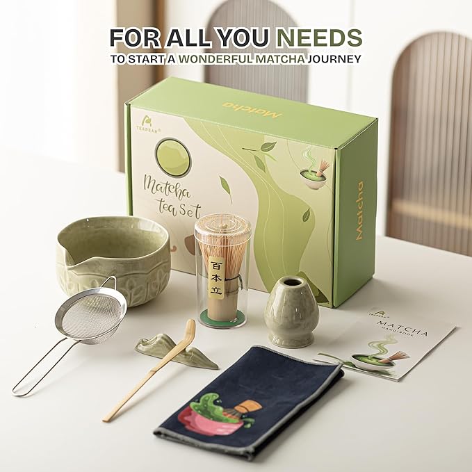 TEPEAK Matcha Whisk Set, 7 Pcs Matcha Set Green, Matcha Kit for Ceremony, Matcha Tea Set for Making Breakfast/Latte, Ceramic Matcha Bowl (Chawan) with Spout and Bamboo Whisk, Gift for Friend/Family