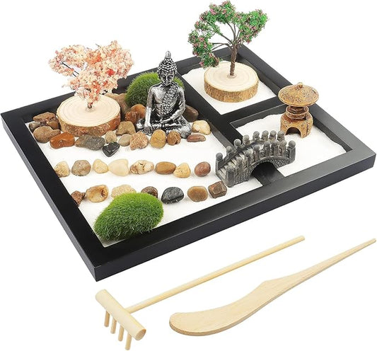 Japanese Zen Garden for Desk - Sakura Budah 9" x 7" Desktop Mini Zen Garden with White Sand Artificial Bonsai Tree Rocks Rakes & Accessories - Meditation Zen Gifts Sand Garden Kit for Office Zen Decor
