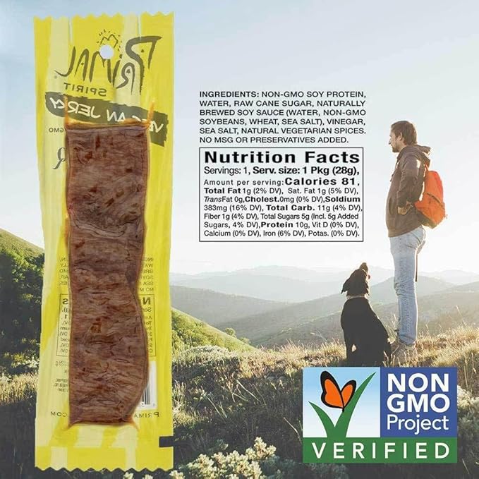 Primal Spirit Vegan Jerky – “Classic Flavor” – Texas BBQ, 10 g. Plant Based Protein, Certified Non-GMO, No Preservatives, Sports Friendly Packaging (24 Pack, 1 oz)