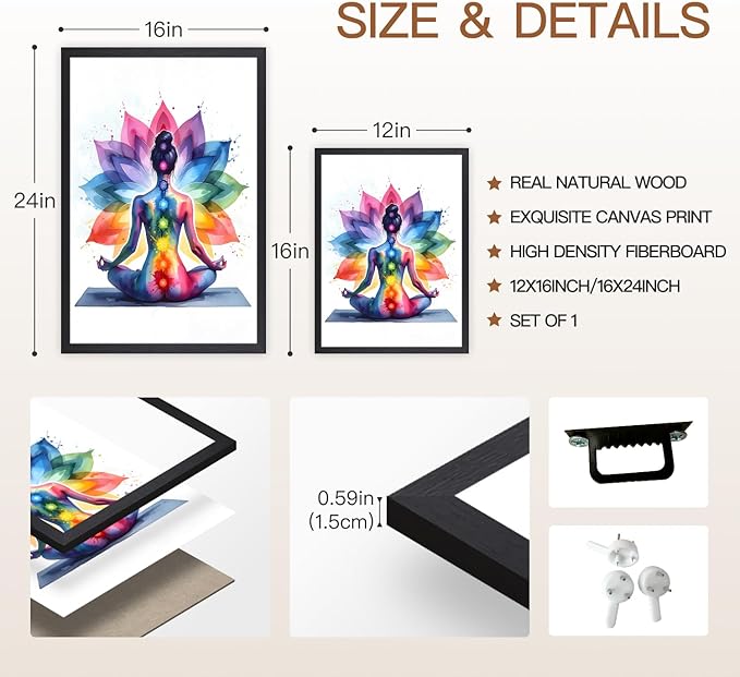 GELDSTEI Wood Framed Zen Wall Art, Chakra Yoga Wall Decor, Colorful Meditation Poster Print, Spiritual Canvas Painting, Vibrant Meditating Woman Aesthetic Picture for Living Room Yoga Studio 16"x24"