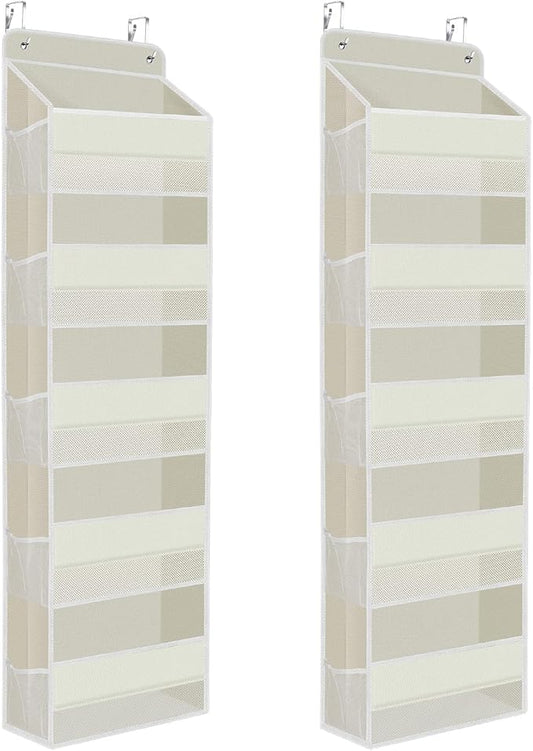 2 Pack Over The Door Organizer, Hanging Storage Organizer with Clear Window, 40lb Ultra Sturdy Large Capacity Room Organizer for Pantry Laundry Bathroom Nursery Closet (Beige)