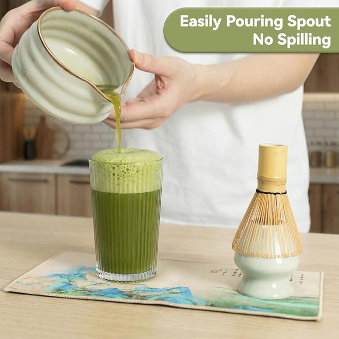 Matcha Whisk Set, Ceramic Matcha Set Includes Matcha Bowl, Matcha Whisk Chasen and Whisk Holder, Sifter, Bamboo Scoop, Scoop Rest and Tea Towel-7 Pcs Matcha Kit for Matcha Lovers, Misty Gray