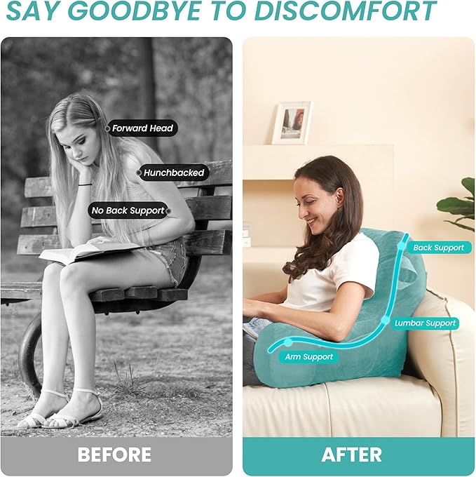 Portable Comfy Reading Pillows for Bed Sitting Up(Lake Blue Oeko-Tex), Velvet Back Pillow with Arms & Pockets for Adults, Support Memory Foam Bed Pillow for Dorm/Reading/Watching/Gaming