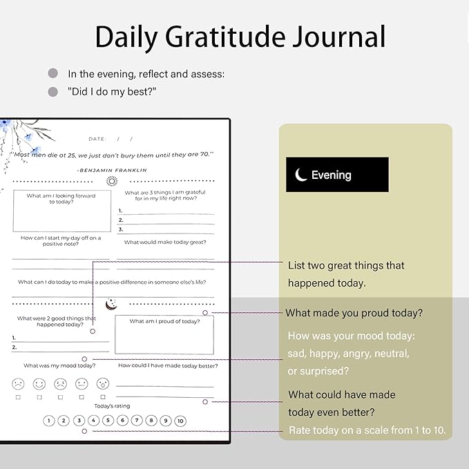 Gratitude Journal, Daily Reflection Journal for More Happiness, Mindfulness & Affirmation, Self Care Journals for Women & Men, 6 Inspirational Stickers and Ballpoint Pen, Black