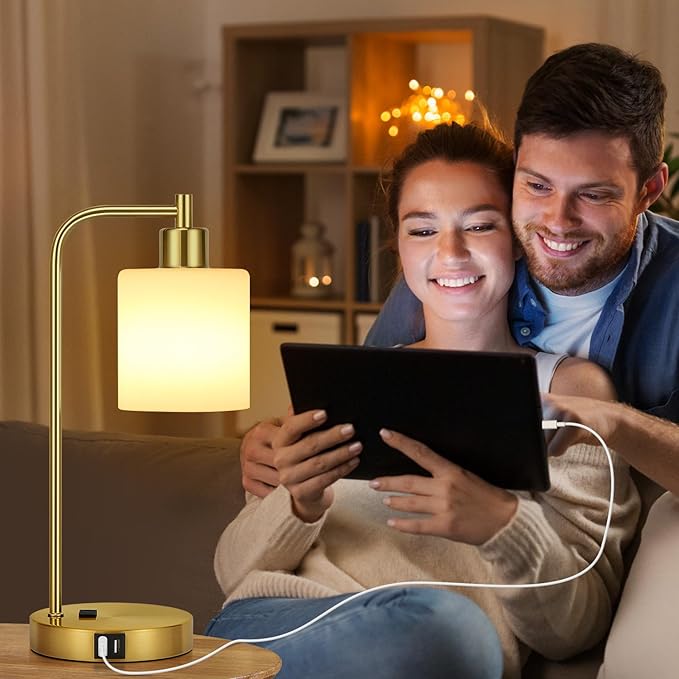 Set of 2 Industrial Touch Control Table Lamps with 2 USB Ports and AC Outlet - 3-Way Dimmable Gold Bedside Lamps Nightstand Desk Lamps for Bedroom Living Room, Opal Glass Shade & 2 LED Bulbs Included
