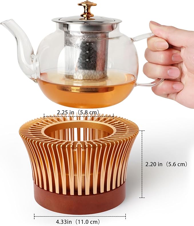 Tea Warmer with Magnolia Flower Design, JUKFITA Golden Aluminum Alloy & Wood Teapot Warmer, Tall
