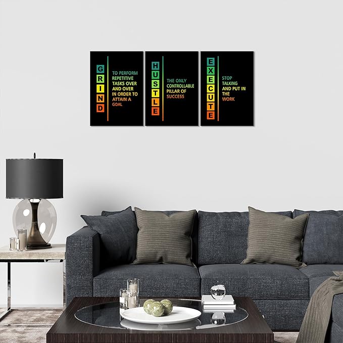 KAWAHONE Motivational Canvas Wall Art, Hustle Grind Execute Wall Art Decor, Black and White Positive Motivational Poster Framed Inspirational Entrepreneurs Painting Prints Quotes Poster for Office Workplace