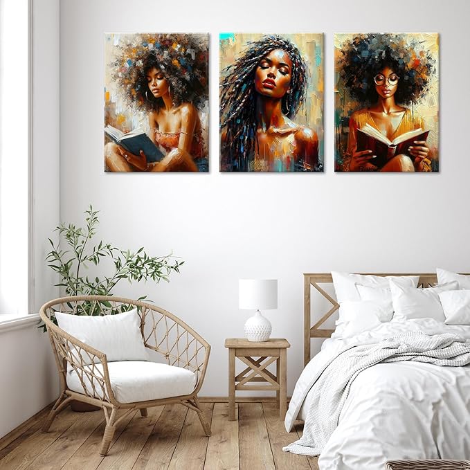 Framed Modern Abstract African American Women Wall Art Set of 3 Painting Canvas Prints,Boho Black Girl with Floral Accents, Inspirational and Trend Poster for Living Room,Bedroom, Office Decor,16X24in