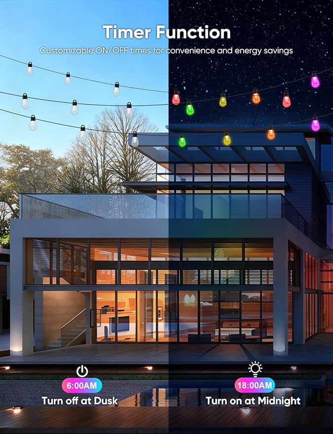 APPECK Smart Outdoor String Lights, 50ft RGBW Outdoor Patio Lights with 15 LED Bulbs, Extendable, 111 Scene Modes, IP65 Waterproof Lighting for Outside, Halloween Decor, Compatible with Alexa