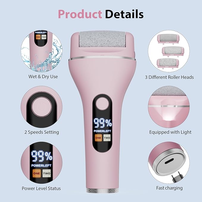Electric Callus Remover for Feet, Rechargeable Portable Electronic Foot Callus Remover 2-in-1 Wet/Dry Foot Scrubber Electric Toot File for Hard Cracked Dry Dead Skin（Pink）