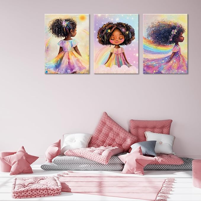 Black Girl Princess Wall Art, Rainbow Hair Girl Painting,Cute Afro Girls Art,Cute Black Girl Nursery Art,Whimsical Rainbow Art Print Set Poster,Black Kids Canvas Prints,Framed16 x 24inches X3piece