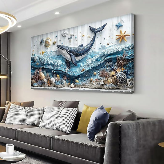 ZESTRILIA Ocean Whale Wall Art for Kids Room Navy Blue Marine Organism Underwater World under the Sea Canvas Painting Prints Artwork Family Living Bedroom Decor (40x20 Inches)