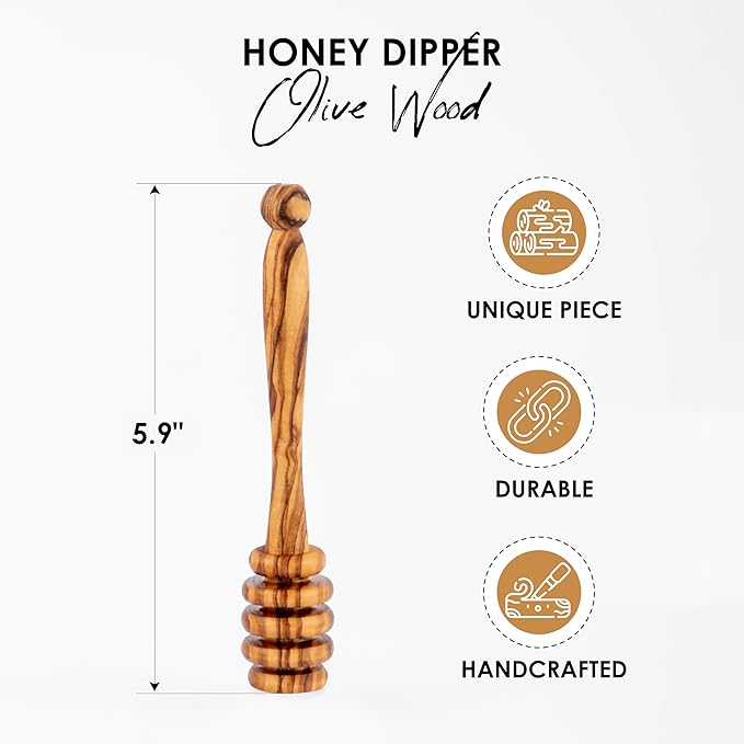 Olive Wood Honey Dipper Stick – 5.9 Inch Natural Handmade Honey Stirrer Wand for Jars, Tea, Coffee, Cooking, Drizzling, Spreading – Eco-Friendly Kitchen Tool