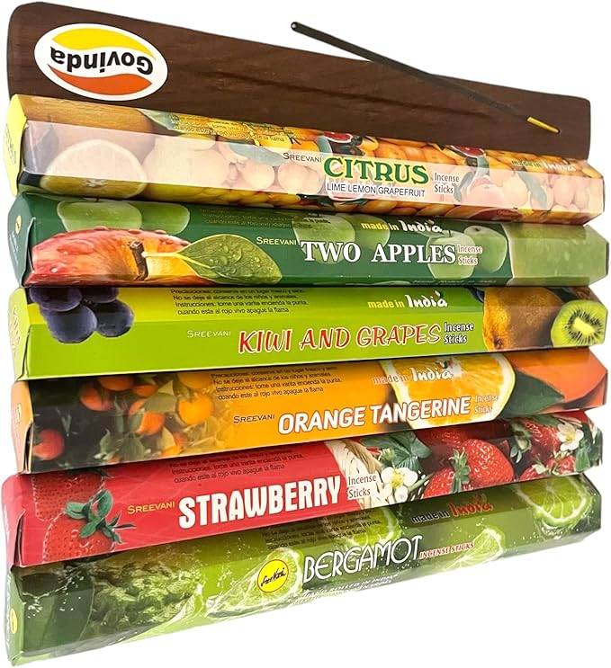 Sreevani Incense Sticks Variety Pack #14 and Incense Stick Holder Bundle Gift Set with 6 Fruity Fragrances