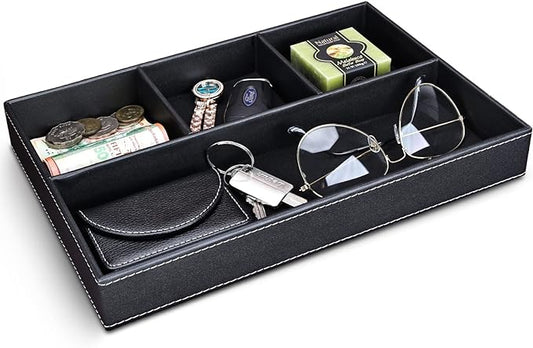 GORESE Faux Leather Valet Tray for Men, Stackable Jewelry Trays Drawer Organizer Tray Nightstand Organizer for Men, EDC Tray for Key, Wallet, Sunglass, Watch, Coin, Phone, Cologne - Black