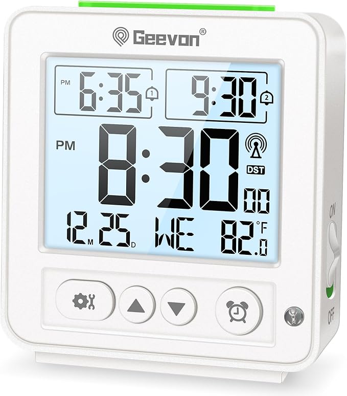 Geevon Small Digital Atomic Alarm Clock for Bedroom, Travel Table Clock with Auto/8s Backlight, 2 Alarm, Temperature, Desk Clock Battery Operated for Deep Sleepers Kids Elderly Home Office, White