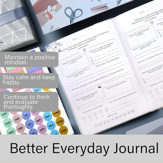 Gratitude Journal with 6 Inspirational Stickers and Pencil, Daily Reflection Journal for More Happiness, Mindfulness & Affirmation, Self Care Journals for Women & Men,Grey